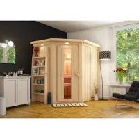 Karibu | Saja Sauna met Dakkraag | Bronzeglas Deur | Biokachel 3,6 kW Externe Bediening