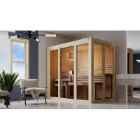 Karibu Sauna, binnensauna, model Irava 3, met voorinloop. Oven: 3,6 kW, geïntegreerde bediening. Afmetingen: 216x137x198 cm, zonder dakrand