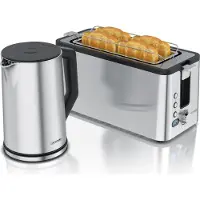 Arendo ontbijtset, 2-delig, zilver. Bestaande uit: waterkoker ELEGANT, 1,5 liter, 2000W, met temperatuurregeling van 40 tot 100 °C, en een broodrooster MANANA, 1500W, geschikt voor 4 boterhammen