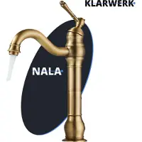 KLARWERK NALA | Vintage hotelstijl, messing, goudkleurig, geborsteld, hoge wastafelmengkraan | RVS watermengkraan voor hoge wastafels | Mengkraan met 2 aansluitingen
