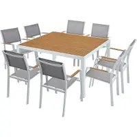Vente-unique Tuineetset van aluminium: een vierkante tafel L140 cm en 8 opstapelbare fauteuils - Licht naturel en grijs - MACILA van MYLIA