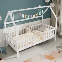 Flieks kinderbed, model huisbed, 90x200 cm, houten bed met "schoorsteen", valbeveiliging en lattenbodem, zonder matras