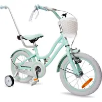Sun baby Heart Bike Fiets voor een meisje van 3 tot 5 jaar, 14 inch Silver Moon Mint, met fietsbel, zijwieltjes, duwstang en stuurmandje