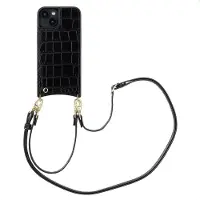 Selencia Nova Croco Telefoonhoes met Koord en Pashouder voor de Apple iPhone 14 / 13 - Zwart