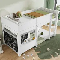 OKWISH Kinderbed 90x200 met matras, stapelbed met ladder, houten bed met 2 planken die geschikt zijn voor graffiti en een klein opbergvak, wit