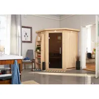 Karibu Sauna: Binnen sauna, hoekmodel. Ingang aan de zijkant. Oven: 3,6 kW, geïntegreerde bediening. Afmetingen: 151x151x198 cm. Zonder dakrand. Met grafietdeur