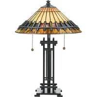 QUOIZEL Tiffany tafellamp Chastain, brons / oud-messing, Woon-/ Eetkamer, Glas, Tiffany, tafellamp
