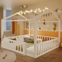 Flieks kinderbed, huisbed 90/180x190 cm met LED-verlichting, laag bed met houten frame, valbeveiliging en lattenbodem, geschikt voor 2 kinderen, wit