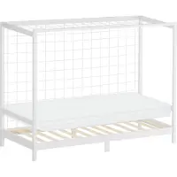 ML-Design Kinderbed in de vorm van een voetbaldoel, 90 x 200 cm, wit, van grenenhout, inclusief matras (H-10 cm), handbaldoel met lattenbodem en doelnet