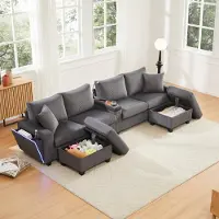 STILVORA U-vormige bank met 2 voetenbankjes en corduroy stof, woonkamerbank met opklapbare tafel en bekerhouders, evenals USB/Type-C aansluitingen, hoekbank met LED-verlichting en leeslamp, grijs