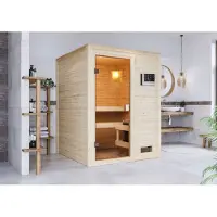 Karibu Woodfeeling Sauna Sandra (met voorinloop), volledig glazen deur, bronskleurig, 3,6 kW -oven met externe bediening, eenvoudig in gebruik