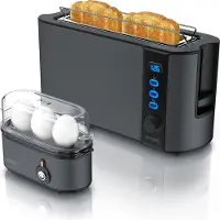 Arendo ontbijtset, 2-delig, met een lange broodrooster FRUKOST 1000 W met 6 bruiningsgraden en een broodjesaccessoire, een eierkoker THREECOOK voor 3 eieren, in de kleur cool grey