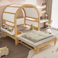 MODFU Uitbreidbaar bed met dak, 140x200. Uitklapbare bedfunctie en houten huisontwerp. Kinderbed, dagbed met opbergruimte. Uitschuifbed zonder matras, met lattenbodem. Wit + natuurlijke kleur