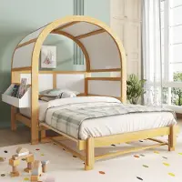 Flieks kinderbed, huisbed 140x200 cm met uitschuifbaar bed, uitbreidbaar kinderbed met bedstee en opbergruimte, kinderdagbed/slaapbank, in natuurlijke staat