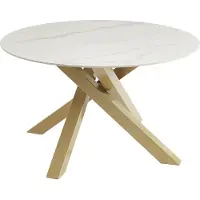 Vente-unique Ronde eettafel voor 4 personen in keramiek en goudkleurig metaal - Witte marmereffect - LENUMIA