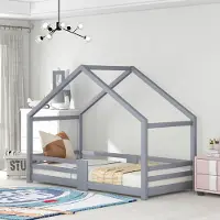 MODFU Kinderbed in de vorm van een huisje met schoorsteen, massief houten vloerbed (inclusief matras), 90x200, van grenenhout, wit of grijs