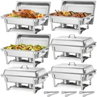 Vevor Rechthoekige Chafing Dish Set 8,5 L Voedselwarmers (6 stuks) Buffet Warmhoudschalen met Handvat &amp; 3 Voedseltangetjes &amp; Deksel &amp; Brandstofhouder