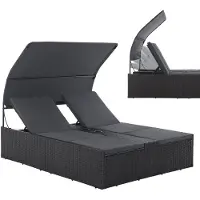 Juskys Polyrotan Loungebed / Ligbed Syros - Zwart - 2 personen - Incl. Kussens & Zonnedak