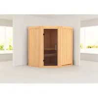 Karibu Sauna, binnensauna, model Tonja, hoekmodel, zonder accessoires, afmetingen 170x151x198 cm, zonder daklijst, met grijze deur