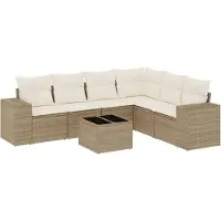 vidaXL 7-delige tuinmeubelset met kussens, beige, van polyrotan