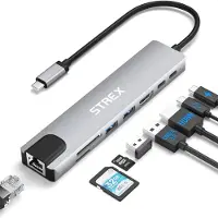 Strex 8-in-1 USB C Hub - Docking Station - 4K HDMI USB-A USB-C Ethernet Micro SD - Grijs