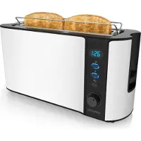 Arendo Langschlitztoaster 1000 W, geschikt voor 2 boterhammen, met display en resterende tijdsaanduiding, 6 bruiningsgraden, broodroosteraccessoire, kruimellade, roestvrij staal, mat wit