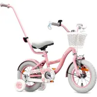Sun baby Flower Bike Fiets voor een meisje van 2 tot 4 jaar, 12 inch Roze, met fietsbel, zijwieltjes, duwstang en stuurmandje