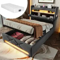 MODFU Bedframe 90x200 cm – velours beige – met hydraulische opbergruimte – zonder armleuningen – elegant design