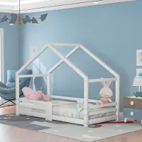 OKWISH kinderbed, huisje-bed met schoorsteen, valbeveiliging, stevig lattenbodem, huisje van grenenhout, kinderbed, 90 x 200 cm, zonder matras, wit