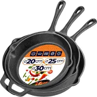 Kadax gietijzeren pan 20 + 25 + 30 cm, gietijzeren pan, geschikt voor inductie en oven, gietijzeren koekenpan