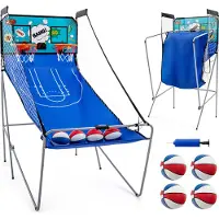 Costway 8-in-1 basketbalmachine, elektrische basketbalstandaard, opvouwbaar, schietmachine met 4 ballen, luchtpomp en 8 spelmodi, arcade basketbalspel voor kinderen, geschikt voor 2 spelers, blauw