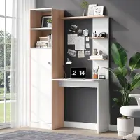 Sweiko werkbank/bureau met opbergruimte – Wit met contrasterende ribbenhouten details, onderkast met deuren en open bovenkast, kantoordesign, 123,5 x 45 x 168,5 cm