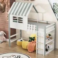 STILVORA Kinderbed 90x200, hoogslaper met veiligheidsladder en opbergvak, massief houten bed met lattenbodem en valbeveiliging, met dakvorm en raam, groen (zonder matras)