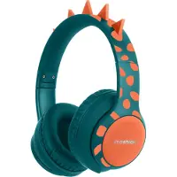IMoshion Draadloze Kinderkoptelefoon Dino - Decibelbegrenzer - Met AUX kabel - Petrol Green / Orange