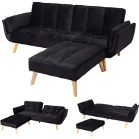 Mendler Slaapbank -K18 met voetenbank, slaapbank logeerbed, slaapfunctie 218x175cm ~ fluweel zwart