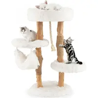 Costway 87 cm kraboom van hout, kattenboom met hangmat en sisal touw & pluche zitplaatsen, katten toren met krabpalen van jute, kattenmeubel van massief hout, witte krabboom/klimboom voor katten