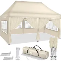 Tillvex Pavillon 3x6m - mit 6 Seitenwänden Beige wasserdicht | Pop-Up Faltpavillon höhenverstellbar | Gartenzelt UV Schutz 50+ | Partyzelt mit Tasche für Garten