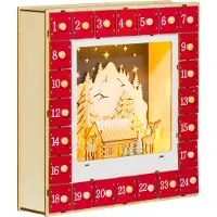 Youjia Adventskalender om zelf te vullen, met 24 vakjes. Kerstkalender met LED-verlichting. Adventskalenderbox, kerstdecoratie, zelf te maken (DIY), MDF, 34 x 7 x 34 cm, rood