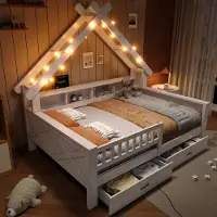 Flieks kinderbed, huisbed, 140x200 cm, met spijlen, platformbed voor kinderen met lades en opbergruimte, houten tweepersoonsbed, wit