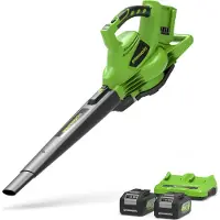 Greenworks 48 V (24 V x 2) accu-bladblazer en bladzuiger met 45 l hakselopvangzak en schouderriem, 322 km/h, 9 m³/min, twee 24 V 4 Ah accu's en dubbele oplader, 3 jaar garantie GD24X2BVK4X