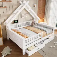 STILVORA kinderbed 140x200 cm met LED-verlichting en beschermroede, huisbed met opbergvakken en 2 lades, houten bed van grenen en MDF met een stevig frame, geschikt voor kinderkamers, wit