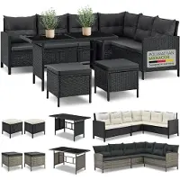 Juskys Jusky’s Loungeset Manacor – Polyrotan Hoekset – 7-Persoons - Met Krukken – 110 x 80 x 62 cm- Zwart/Grijs