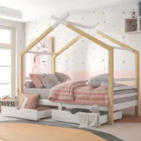 OKWISH Kinderbed 90x200 cm. Kinderbed met lades, gemaakt van massief hout met een lattenbodem, van grenenhout, geschikt voor een kinderkamer of tienerkamer, kleur wit