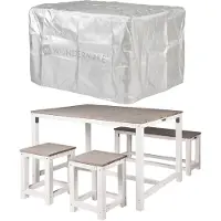 WONDERMAKE® Design Houten Tuinmeubelset met Hoes voor 4 Personen, Tuin- en Balkonset, 4-delige Eettafelset: Tafel, Bank, Stoelen, Kruk, Wit/Grijs