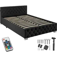 TecTake Gestoffeerd bed met lattenbodem - 140 x 200 cm - Fluweellook Zwart - Twijfelaar - Bedframe met opbergruimte en LED strip - Inclusief afstandsbediening - Eenvoudige montage