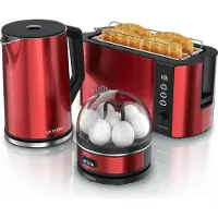 Arendo ontbijtset, 3-delig, bestaande uit: waterkoker ELEGANT 1,5 liter met temperatuurregeling, broodrooster FRUKOST met 4 sleuven, eierkoker SEVENCOOK voor 7 eieren, keukenapparatuur in rood