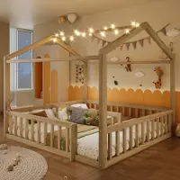 Flieks kinderbed, huisbed model, 90/180x190 cm, met LED-verlichting, laag bed met houten frame, valbeveiliging en lattenbodem, geschikt voor 2 kinderen, in natuurlijke houtkleur