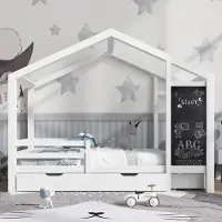 STILVORA bedframe 90x200 met 2 lades en tafel, kinderbed met omheining en lattenbodem, houten bed in de vorm van een huis, wit (zonder matras)