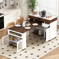 MODFU Multifunctioneel keukeneiland met uitschuifbaar tafel, inklapbaar serviesmeubel op wielen, eettafel met geïntegreerde stekkerdoos, wit, 50,5–187,5 × 110,5 × 95,5 cm