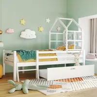 OKWISH home Kinderbed 90x200 cm, met ladder en lades, inclusief lattenbodem – stapelbed, kinderbed met valbeveiliging, massief hout, wit (matras niet inbegrepen)